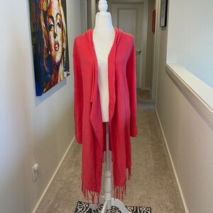 Caroline Grace, hooded king cardigan with fringe